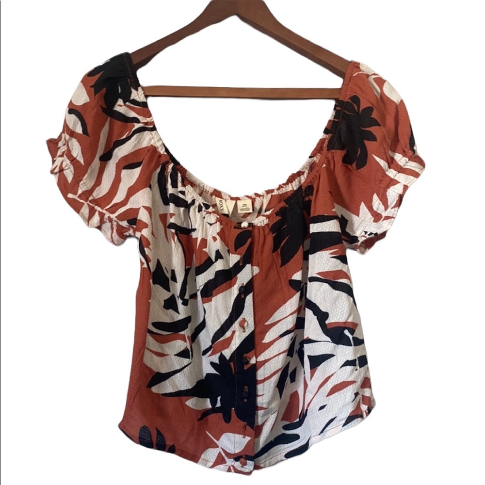 Roxy Rust, Black and White Patterned  Off the Shoulder Button Down Front Top